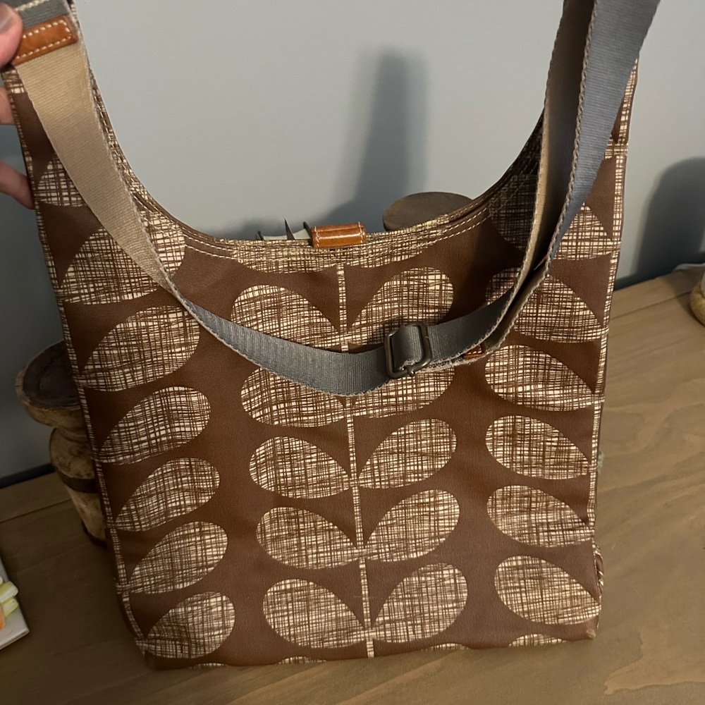Orla Kiely Brown and Tan Shoulder Bag with Retro Leaf Pattern